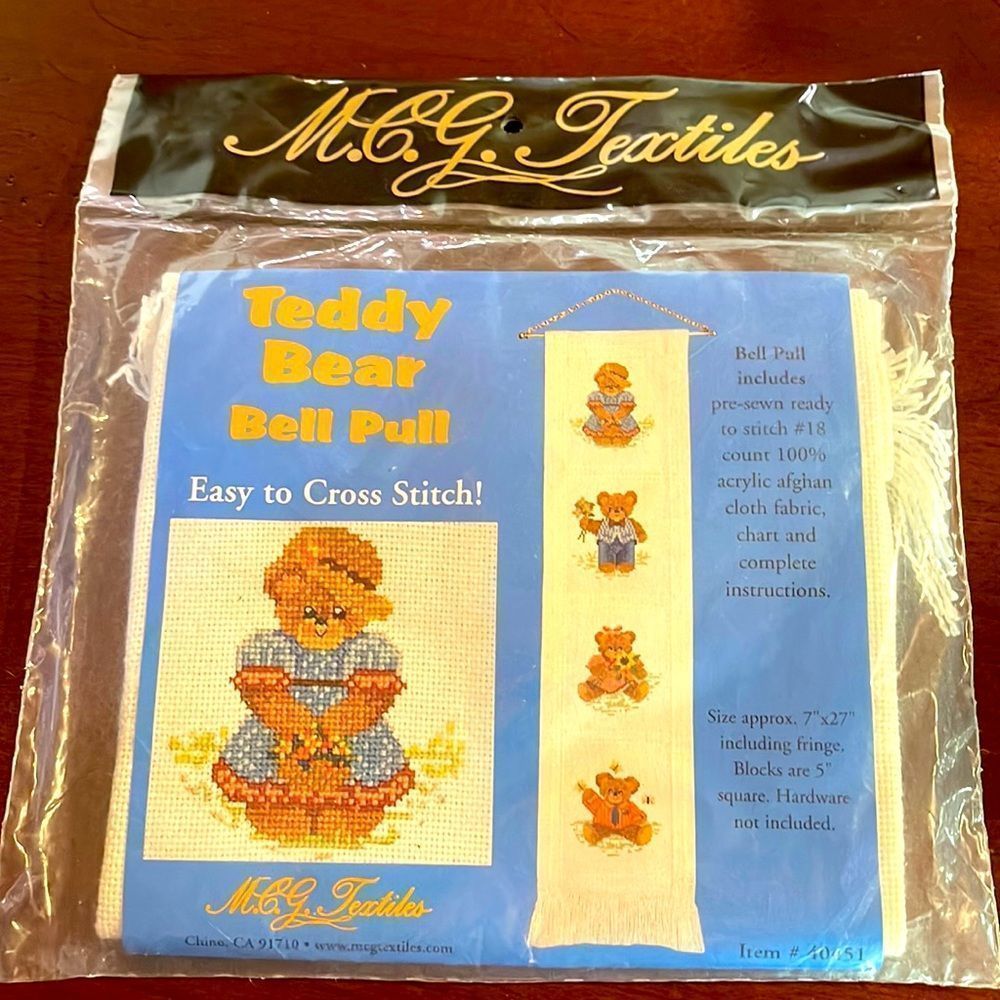 M.C.G. Textiles Easy Cross Stitch Teddy Bear Bell Pull Kit NEW unopened …